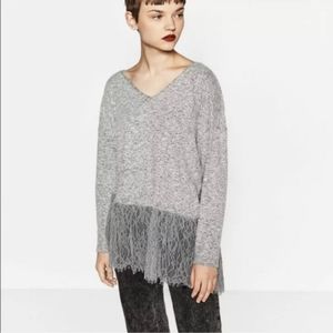 ZARA grey sweater with lace hem size S